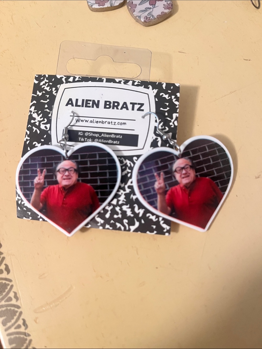 Danny DeVito Alien Bratz Heart Photo Drop Earrings - Red Shirt